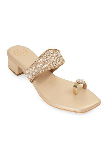 Shop_NR By Nidhi Rathi_Gold Pearls, Beads, Rhinestones And Sequin Embellished Block Heels _Online_at_Aza_Fashions