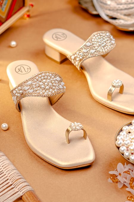NR By Nidhi Rathi Gold Pearls, Beads, Rhinestones And Sequin Embellished Block Heels 