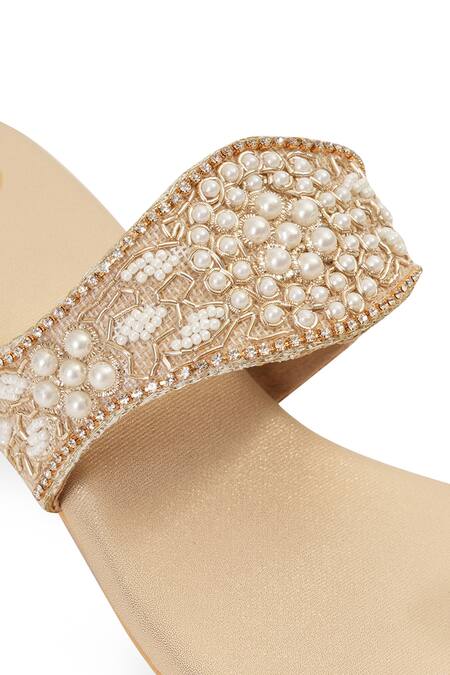 NR By Nidhi Rathi_Gold Pearls, Beads, Rhinestones And Sequin Embellished Block Heels _at_Aza_Fashions