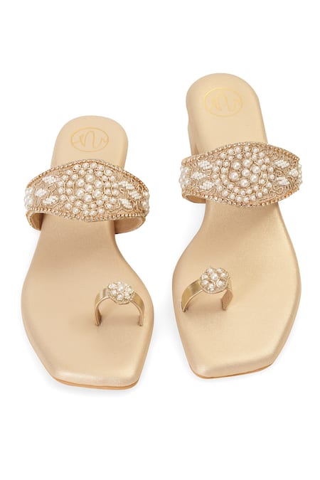 Buy_NR By Nidhi Rathi_Gold Pearls, Beads, Rhinestones And Sequin Embellished Block Heels 