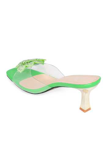 NR By Nidhi Rathi_Green Rhinestones, Stones Embellished Flower Transparent Heels _Online_at_Aza_Fashions