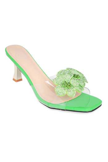 Shop_NR By Nidhi Rathi_Green Rhinestones, Stones Embellished Flower Transparent Heels _Online_at_Aza_Fashions
