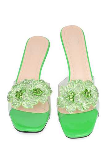 NR By Nidhi Rathi_Green Rhinestones, Stones Embellished Flower Transparent Heels _at_Aza_Fashions