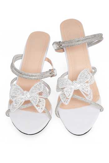 NR By Nidhi Rathi_Silver Rhinestones, Crystals Embellished Butterfly Strap Heels _at_Aza_Fashions