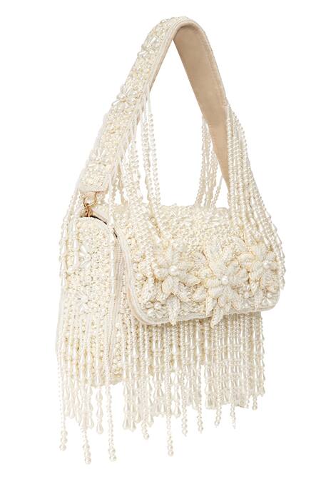 Buy NR By Nidhi Rathi White Beads, Pearls, Fringe And Embellished Floral Clutch Online at Aza Fashions Buy_NR By Nidhi Rathi_White Beads, Pearls, Fringe And Embellished Floral Clutch _Online_at_Aza_Fashions