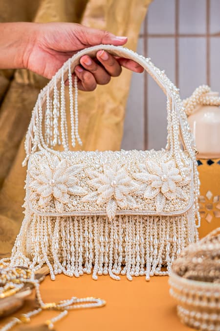 NR By Nidhi Rathi Pearl & Bead Embellished Floral Clutch
