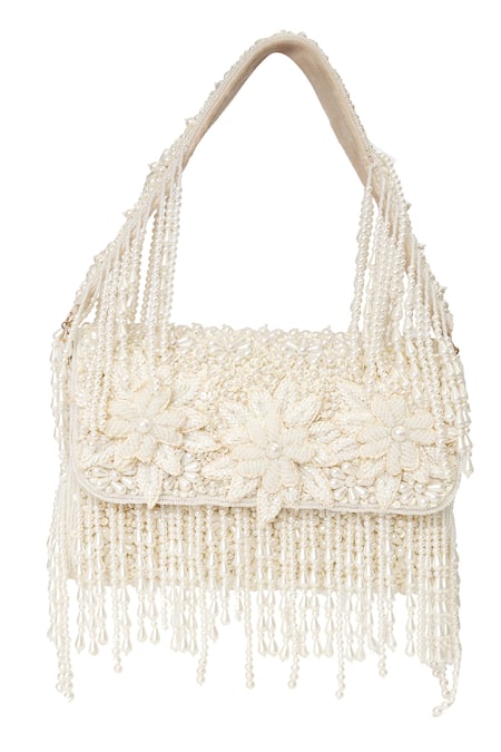 Shop NR By Nidhi Rathi White Beads, Pearls, Fringe And Embellished Floral Clutch Online at Aza Fashions Shop_NR By Nidhi Rathi_White Beads, Pearls, Fringe And Embellished Floral Clutch _Online_at_Aza_Fashions