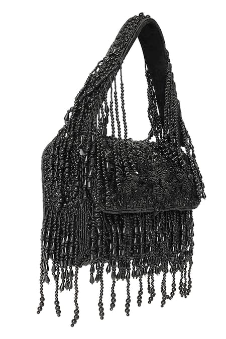 Buy_NR By Nidhi Rathi_Black Beads, Fringe Beaded Cascade Clutch Bag _Online_at_Aza_Fashions