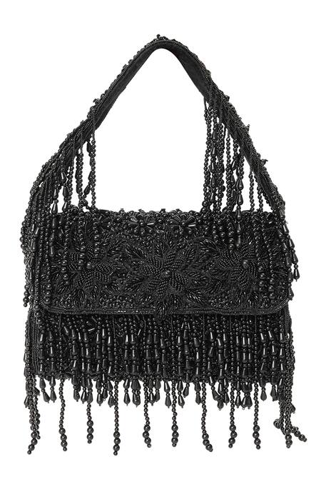Shop_NR By Nidhi Rathi_Black Beads, Fringe Beaded Cascade Clutch Bag _Online_at_Aza_Fashions