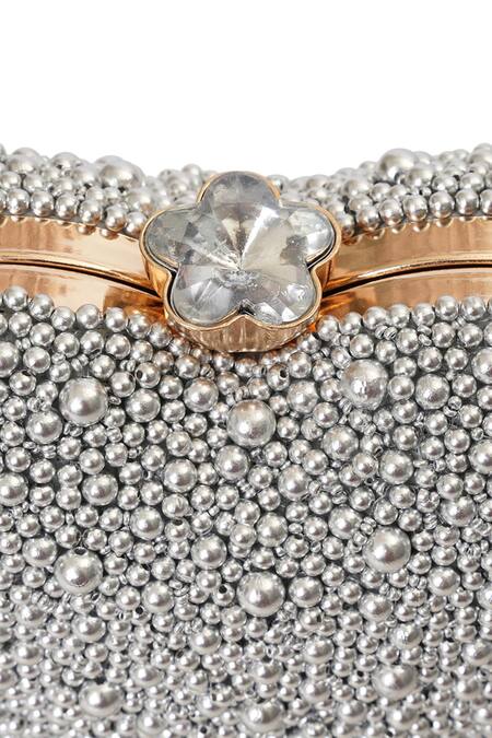 NR By Nidhi Rathi_Silver Beads, Crystals, Fringe Beaded Heart Shaped Clutch With Tassels _Online_at_Aza_Fashions