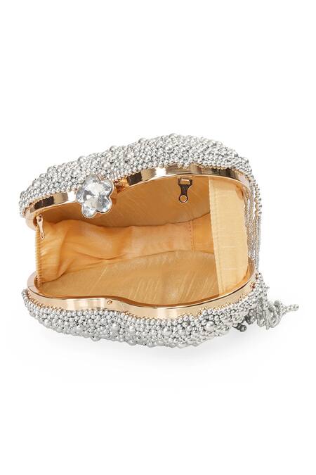 Buy NR By Nidhi Rathi Silver Beads, Crystals, Fringe Beaded Heart Shaped Clutch With Tassels Online at Aza Fashions Buy_NR By Nidhi Rathi_Silver Beads, Crystals, Fringe Beaded Heart Shaped Clutch With Tassels _Online_at_Aza_Fashions