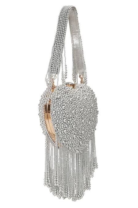 Shop NR By Nidhi Rathi Silver Beads, Crystals, Fringe Beaded Heart Shaped Clutch With Tassels Online at Aza Fashions Shop_NR By Nidhi Rathi_Silver Beads, Crystals, Fringe Beaded Heart Shaped Clutch With Tassels _Online_at_Aza_Fashions