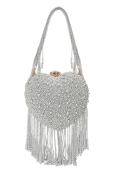 NR By Nidhi Rathi Beaded Heart Shaped Clutch with Tassels 