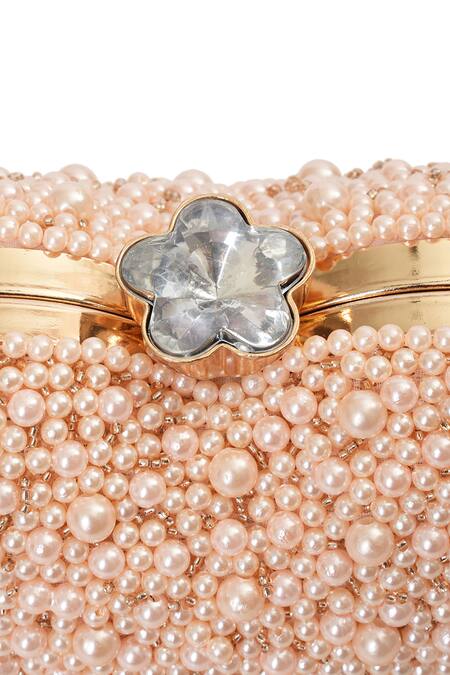 NR By Nidhi Rathi_Peach Pearls, Crystals, Beads, Tassels Embellished Fringe Clutch Bag _Online_at_Aza_Fashions