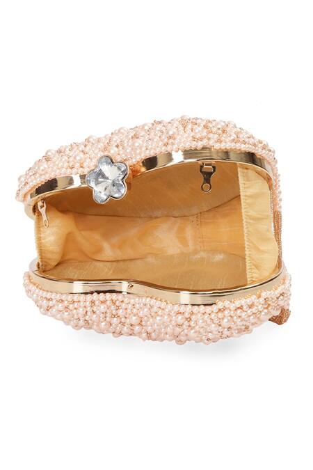 Shop_NR By Nidhi Rathi_Peach Pearls, Crystals, Beads, Tassels Embellished Fringe Clutch Bag _Online_at_Aza_Fashions