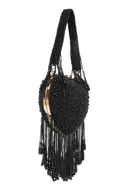 NR By Nidhi Rathi_Black Beads, Fringe, Stones Beaded Embellished Clutch Bag _Online_at_Aza_Fashions