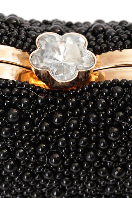 Shop_NR By Nidhi Rathi_Black Beads, Fringe, Stones Beaded Embellished Clutch Bag _Online_at_Aza_Fashions