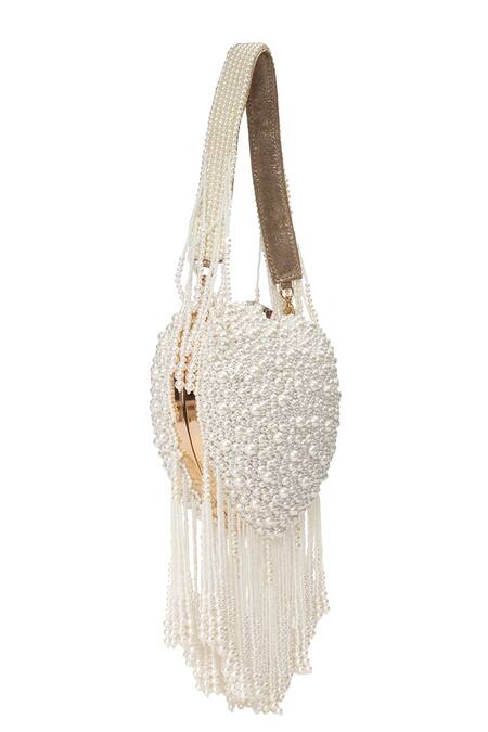 Buy NR By Nidhi Rathi White Pearls, Gemstones, Fringe Embellished Heart Shape Clutch With Tassels Online at Aza Fashions Buy_NR By Nidhi Rathi_White Pearls, Gemstones, Fringe Embellished Heart Shape Clutch With Tassels _Online_at_Aza_Fashions