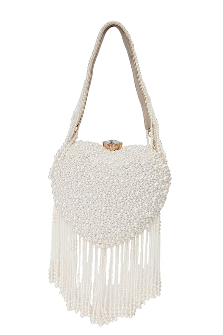 NR By Nidhi Rathi Pearl Embellished Heart Shape Clutch with Tassels 