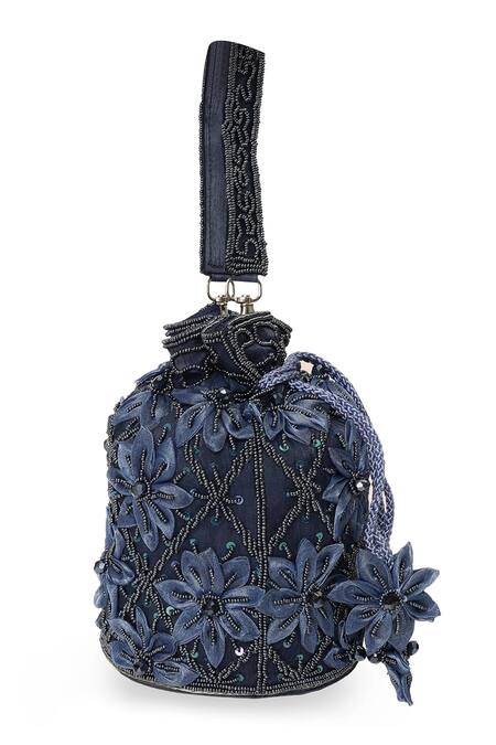 Buy_NR By Nidhi Rathi_Navy Beads, Sequins, Embroidery Floral And Embellished Potli Bag _Online_at_Aza_Fashions