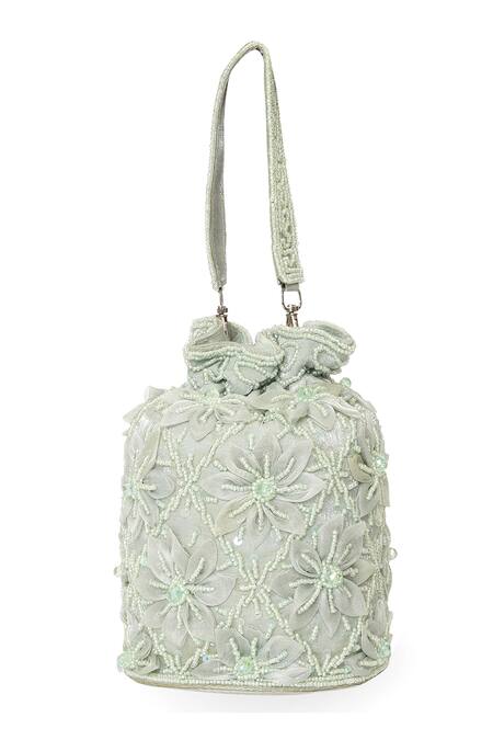Shop_NR By Nidhi Rathi_Mint Beads, Sequins, Fabric Flowers Floral And Embellished Potli Bag _Online_at_Aza_Fashions