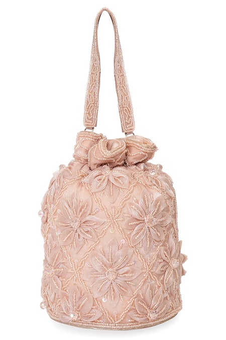 Buy_NR By Nidhi Rathi_Rose Gold Beads, Sequins, Embroidery Floral And Pearl Embellished Potli Bag _Online_at_Aza_Fashions
