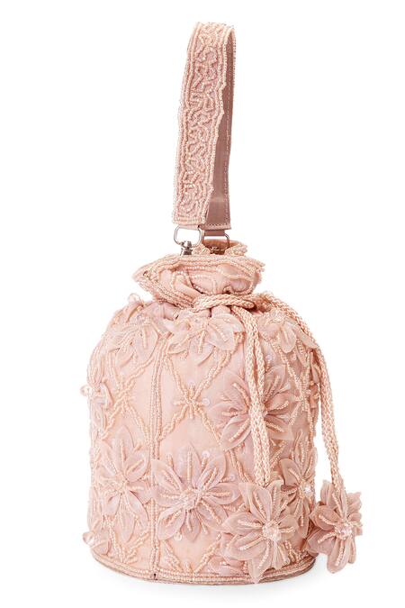 Shop_NR By Nidhi Rathi_Rose Gold Beads, Sequins, Embroidery Floral And Pearl Embellished Potli Bag _Online_at_Aza_Fashions