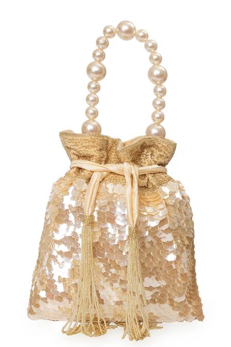 Shop_NR By Nidhi Rathi_Gold Sequins, Pearls, Tassels, Beads Handle Potli Bag _Online_at_Aza_Fashions