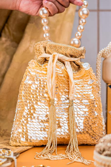 NR By Nidhi Rathi Sequined Pearl Handle Potli Bag