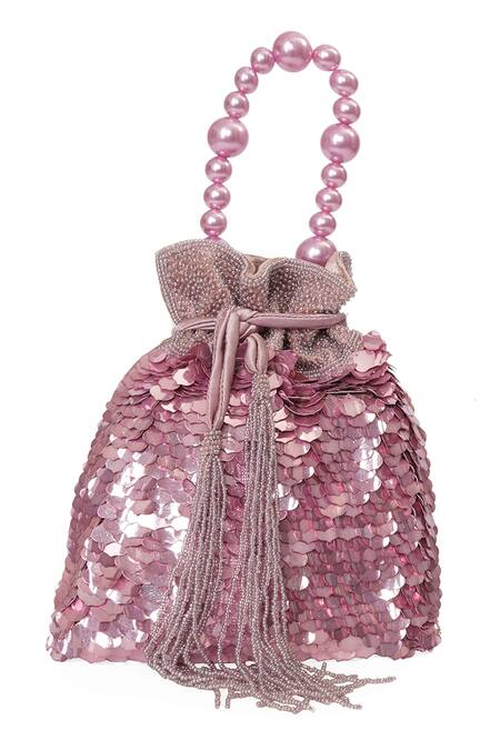 Buy_NR By Nidhi Rathi_Rose Gold Sequins, Beads, Tassels, Pearls Embroidered Potli Bag With Handle _Online_at_Aza_Fashions