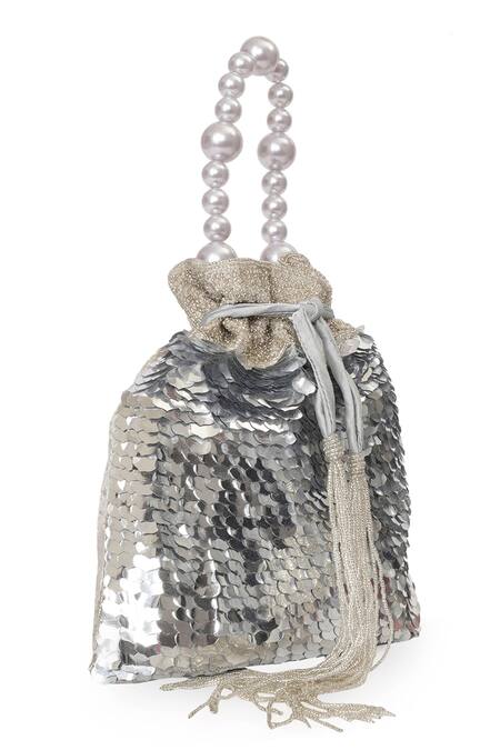 NR By Nidhi Rathi_Silver Sequins, Beads, Tassels Embroidered Potli Bag With Pearl Handle _Online_at_Aza_Fashions
