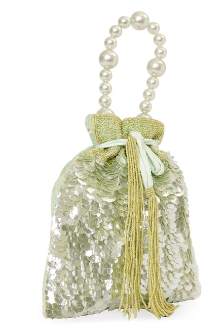 Buy_NR By Nidhi Rathi_Green Sequins, Beads, Pearls, Tassels Potli Bag With Handle _Online_at_Aza_Fashions