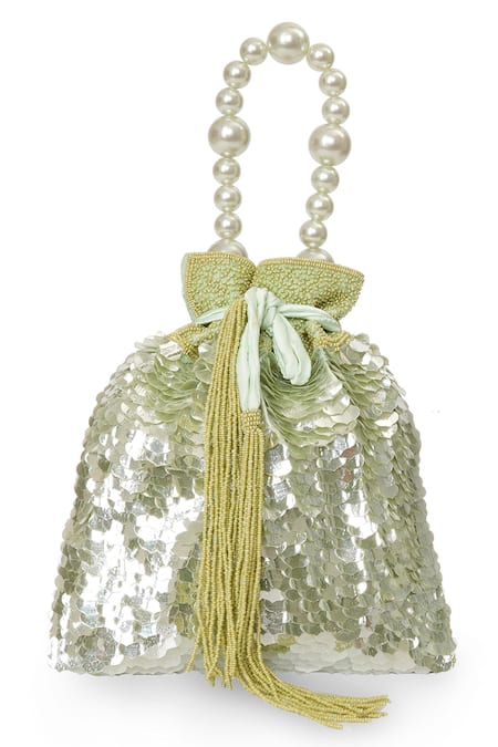 Shop_NR By Nidhi Rathi_Green Sequins, Beads, Pearls, Tassels Potli Bag With Handle _Online_at_Aza_Fashions