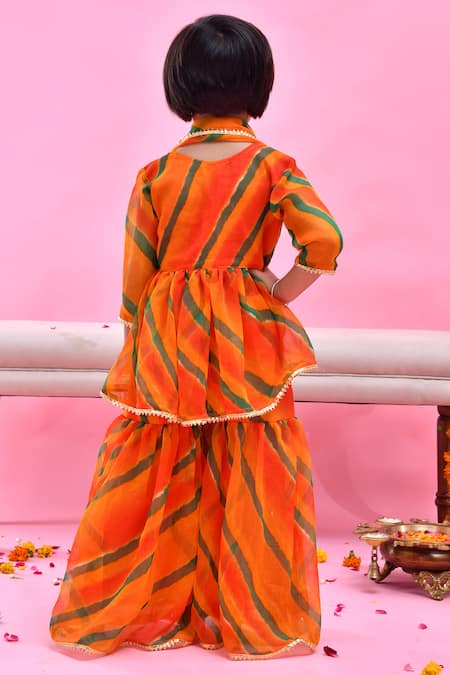Shop_Bannhi By Priyanka Rathore_Orange Chiffon Gota Patti Leheriya Print Sharara Set _at_Aza_Fashions