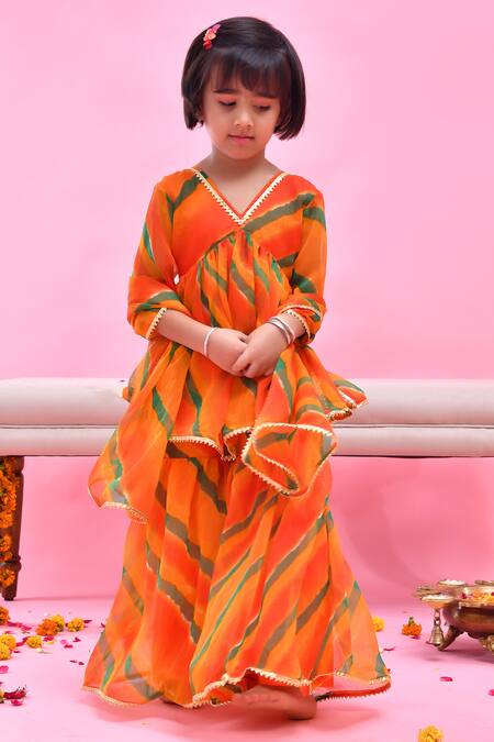 Bannhi By Priyanka Rathore_Orange Chiffon Gota Patti Leheriya Print Sharara Set _Online_at_Aza_Fashions