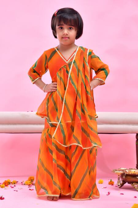 Buy_Bannhi By Priyanka Rathore_Orange Chiffon Gota Patti Leheriya Print Sharara Set _Online_at_Aza_Fashions