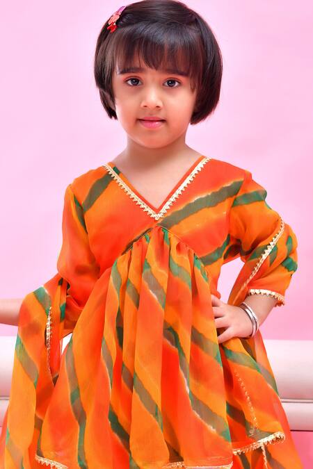 Shop_Bannhi By Priyanka Rathore_Orange Chiffon Gota Patti Leheriya Print Sharara Set _Online_at_Aza_Fashions