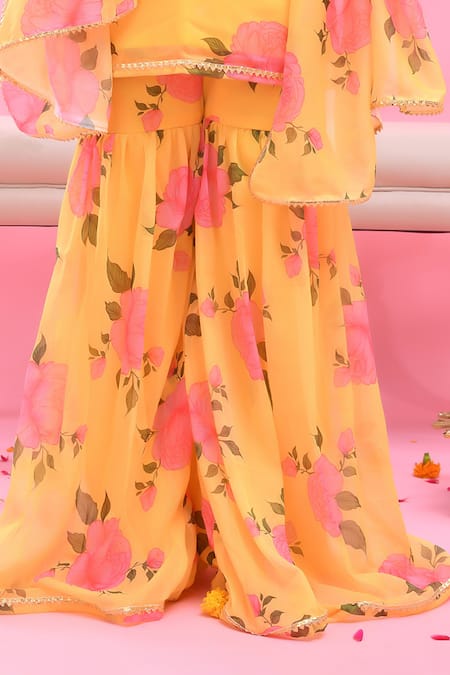 Bannhi By Priyanka Rathore Yellow Georgette, Chiffon Gota Patti, Lace Floral Print Sharara Set Online at Aza Fashions Bannhi By Priyanka Rathore_Yellow Georgette, Chiffon Gota Patti, Lace Floral Print Sharara Set _Online_at_Aza_Fashions
