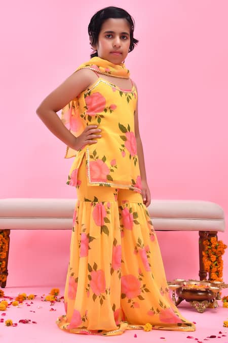 Buy_Bannhi By Priyanka Rathore_Yellow Georgette, Chiffon Gota Patti, Lace Floral Print Sharara Set _Online_at_Aza_Fashions