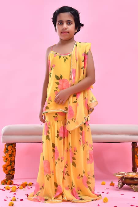 Shop_Bannhi By Priyanka Rathore_Yellow Georgette, Chiffon Gota Patti, Lace Floral Print Sharara Set _Online_at_Aza_Fashions