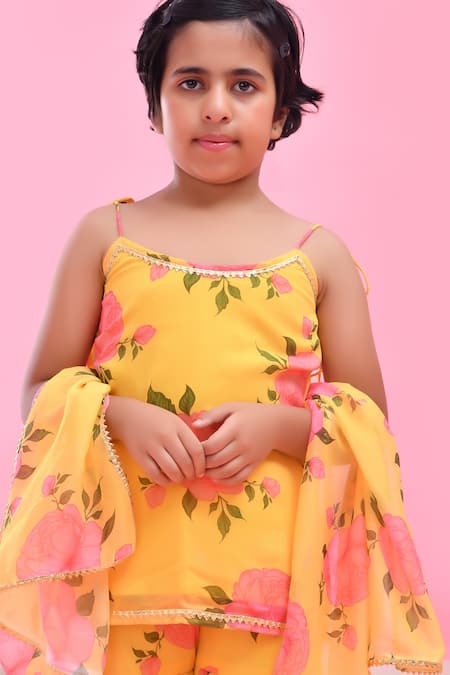 Bannhi By Priyanka Rathore_Yellow Georgette, Chiffon Gota Patti, Lace Floral Print Sharara Set _at_Aza_Fashions