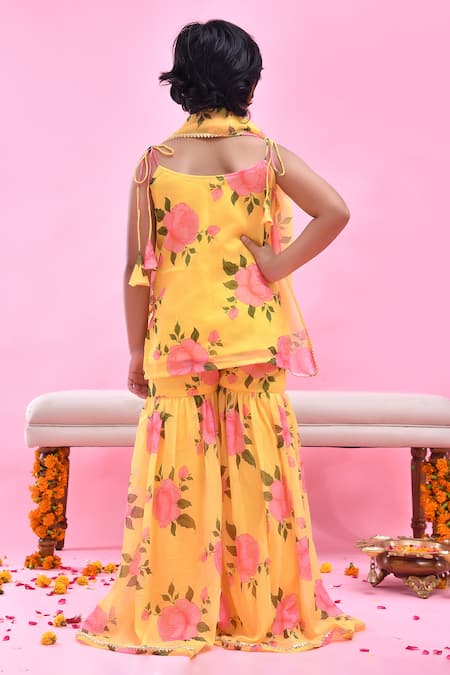 Shop_Bannhi By Priyanka Rathore_Yellow Georgette, Chiffon Gota Patti, Lace Floral Print Sharara Set _at_Aza_Fashions
