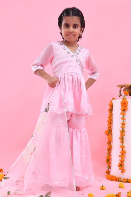 Buy_Bannhi By Priyanka Rathore_Pink Satin, Georgette, Organza Gota Patti Sharara Set With Hand Painted Dupatta _Online_at_Aza_Fashions
