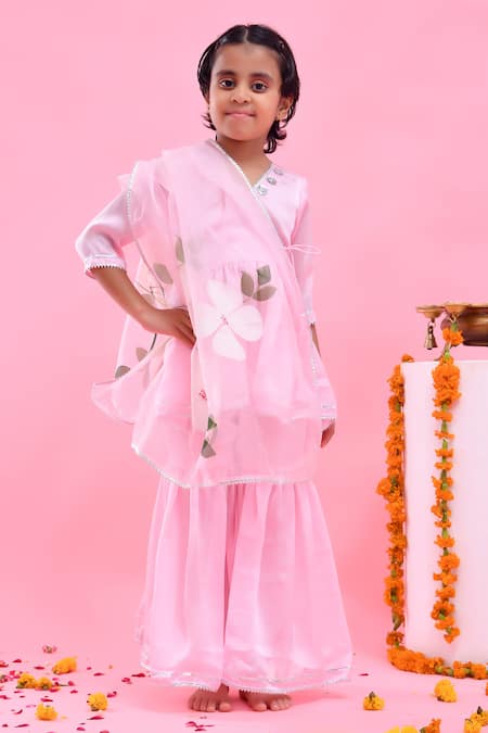 Shop_Bannhi By Priyanka Rathore_Pink Satin, Georgette, Organza Gota Patti Sharara Set With Hand Painted Dupatta _Online_at_Aza_Fashions