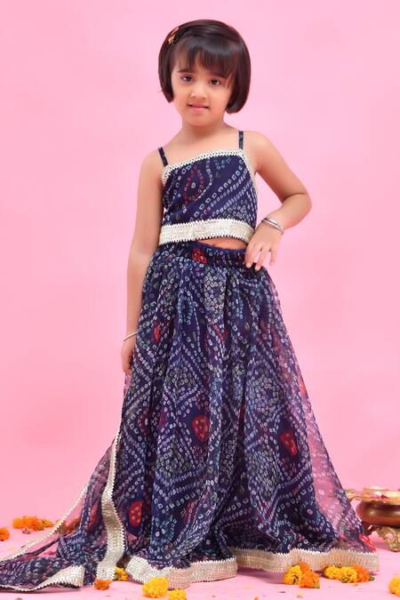 Bannhi By Priyanka Rathore_Blue Chiffon Lace, Embroidery Navy Bandhej Print Lehenga Set _Online_at_Aza_Fashions
