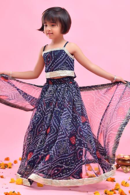 Buy_Bannhi By Priyanka Rathore_Blue Chiffon Lace, Embroidery Navy Bandhej Print Lehenga Set _Online_at_Aza_Fashions