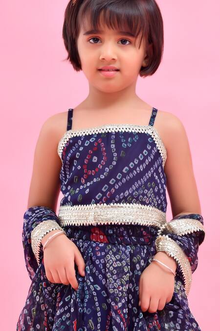 Bannhi By Priyanka Rathore_Blue Chiffon Lace, Embroidery Navy Bandhej Print Lehenga Set _at_Aza_Fashions