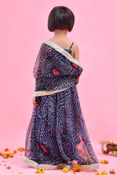 Shop_Bannhi By Priyanka Rathore_Blue Chiffon Lace, Embroidery Navy Bandhej Print Lehenga Set _at_Aza_Fashions