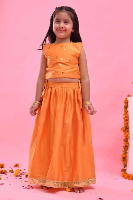 Buy_Bannhi By Priyanka Rathore_Orange Dupion, Organza Sequins, Gota Patti Lehenga Set With Dupatta _Online_at_Aza_Fashions
