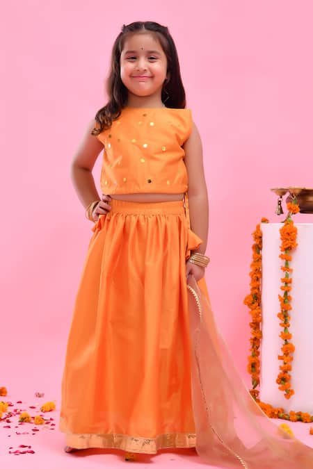 Bannhi By Priyanka Rathore_Orange Dupion, Organza Sequins, Gota Patti Lehenga Set With Dupatta _at_Aza_Fashions